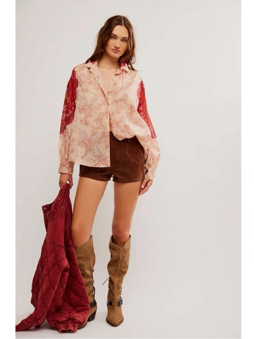Free People Western Bohemian Dainty Rose Bud Button Down Oversized Blouse Medium